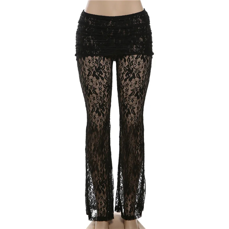 Bxoxo Stacked Lace Pants Women Solid Sexy See Through High Waist Slim Trouser Simple Solid Trend Female Stunning Chic Bottoms