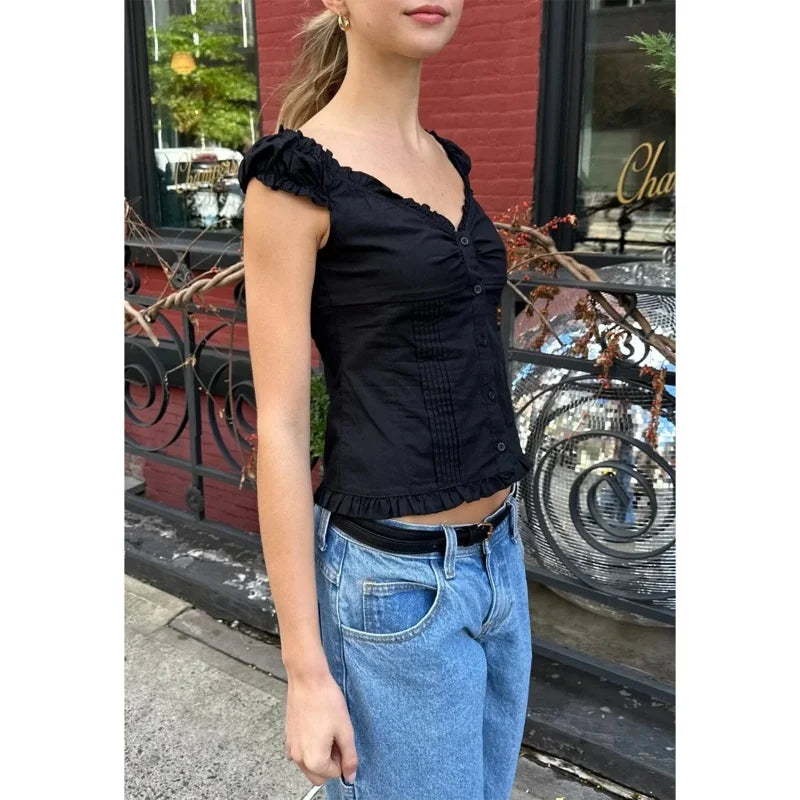 Bxoxo y2k Tank Top Women Summer Clothes Solid Color Cap Sleeve Button Down Slim Fit Frill T Shirt 2000s Vest Streetwear
