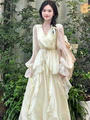 Bxoxo French Fairycon Ruffles Dresses For Women's 2025 New Summer Fashion V-Neck White Long Puff Sleeve Dress Holiday Beach Vestiods