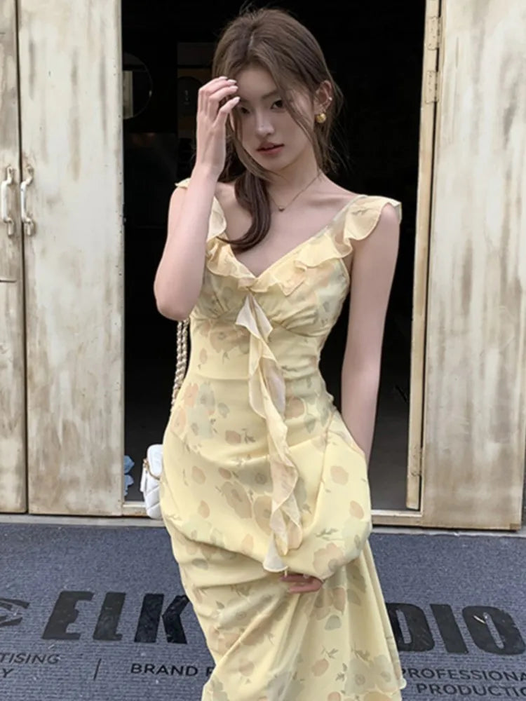 Bxoxo French Women's Elegant Floral Printed Dress V-Neck Slim Fit Flying Sleeve Long Dresses Vacation Holiday Sexy Travel New Vestidos
