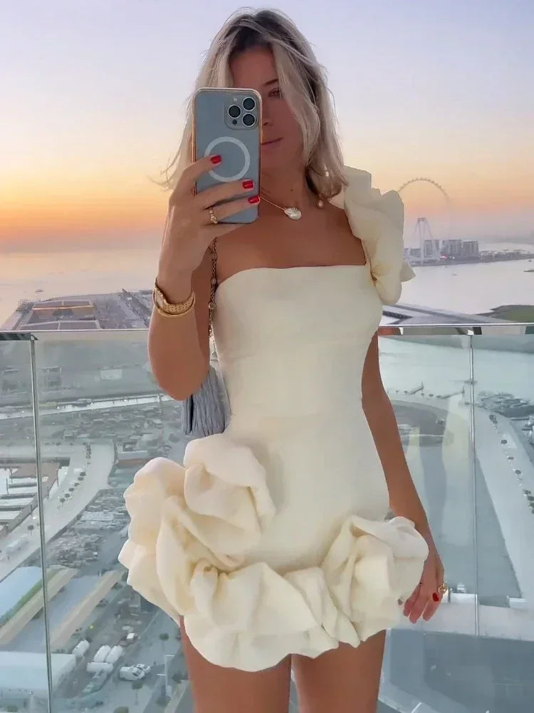 BXOXO Elegant White Mini Dresses 3D Flower Luxury One Shoulder Sleeveless Pleated Cocktail Party Evening Bodycon Dress Female