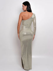 BXOXO Glitter Skew Collar Backless Sexy Maxi Dress For Women Gown Sparkle Rose One Shoulder Bodycon Evening Long Dress