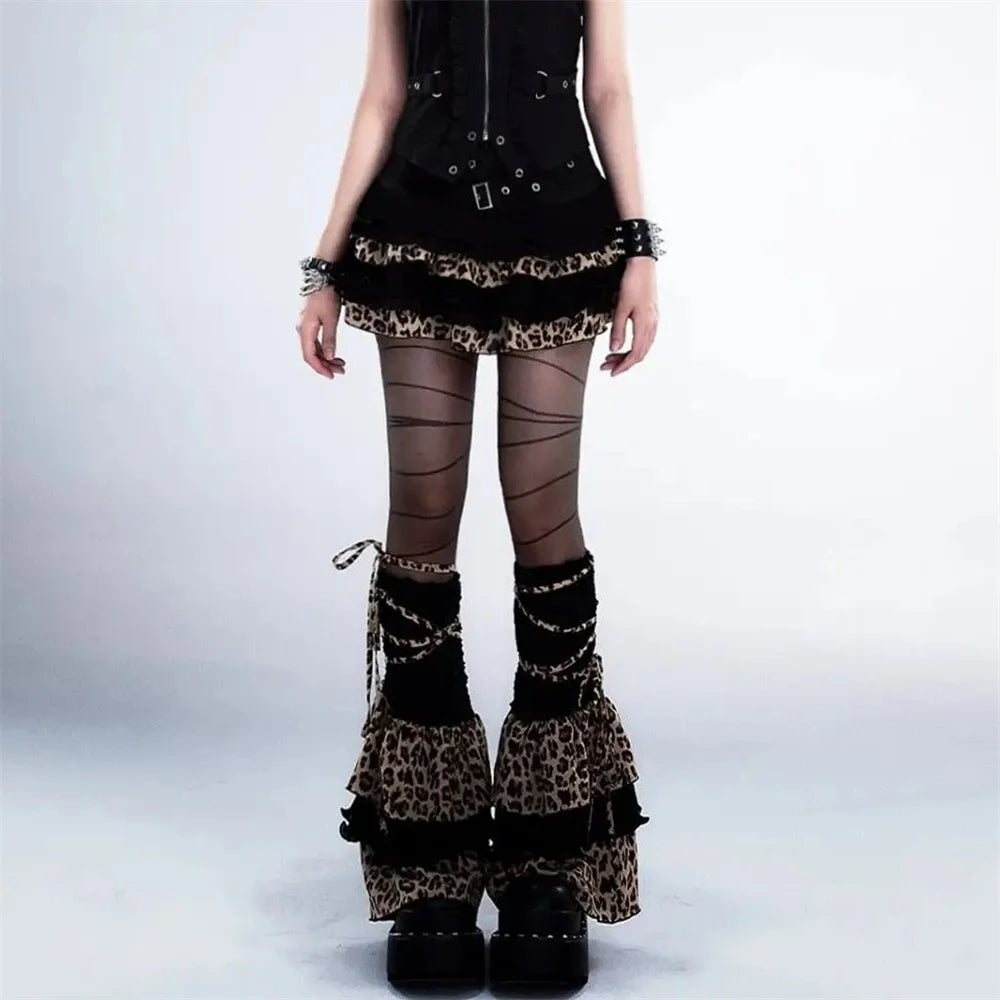 Bxoxo Y2K Leopard Print Ruffle Kawaii Vintage Skirts Goth Black Aesthetic Subculture Short High Waist Punk Cake Fluffy Cute Slim Skirt