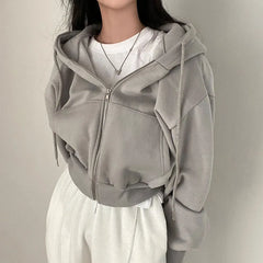 BXOXO Women Solid Hooded Sweatshirt Autumn Winter Korean Long Sleeve Zipper Casual Hoodies Female Holiday Loose Short Jacket Coat