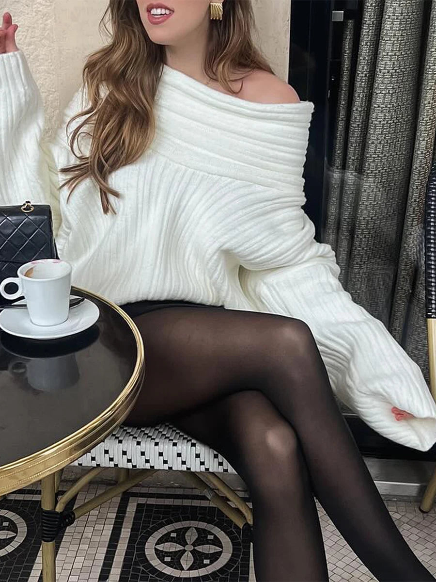 Bxoxo Women y2k Loose Knit Sweater Solid Color Long Sleeve Boat Neck Off Shoulder Pullovers Fall Winter Casual Jumpers Streetwear