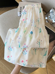 Bxoxo Floral Elegant Long Skirts Women Vintage Loose Sweet High Waist A Line Skirt Korean Retro Summer High Quality Long Skirt