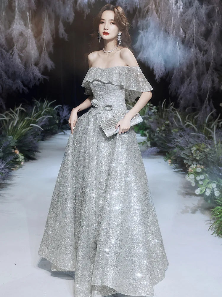 BXOXO Customized Starry Evening Dress Female 2025 New Elegant Banquet Super Fairy Wedding Party Vestidos Celebrity Silver Long Slim Pr