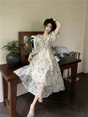 BXOXO Korean Style Mixi Cottagecore Dress Women Fairycore Floral Prom Gown Y2k Elegant Puff Sleeve Tunic Graduation Dresses