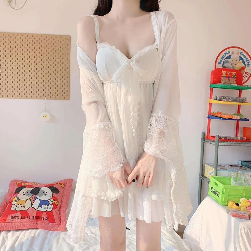 Bxoxo Elegant Sweet Simple Solid White Women Robe Gown Sets Chic Lace Bow Mesh  Sleepwear Breathable Slim Nightdress