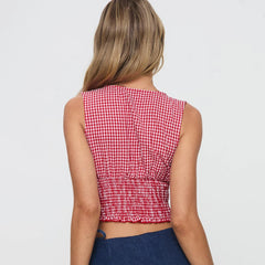 BXOXO Women Y2k Gingham Crop Tops Sleeveless V Neck Shirred Peplum Tank Tops Vintage Plaid Bow Tie Slim Fit Cropped Cami Tops