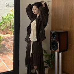Bxoxo Vintage Brown Mesh Skirts Women Asymmetrical Harajuku Y2k Mid Skirt Japanese Style Streetwear Long Skirts Aesthetics