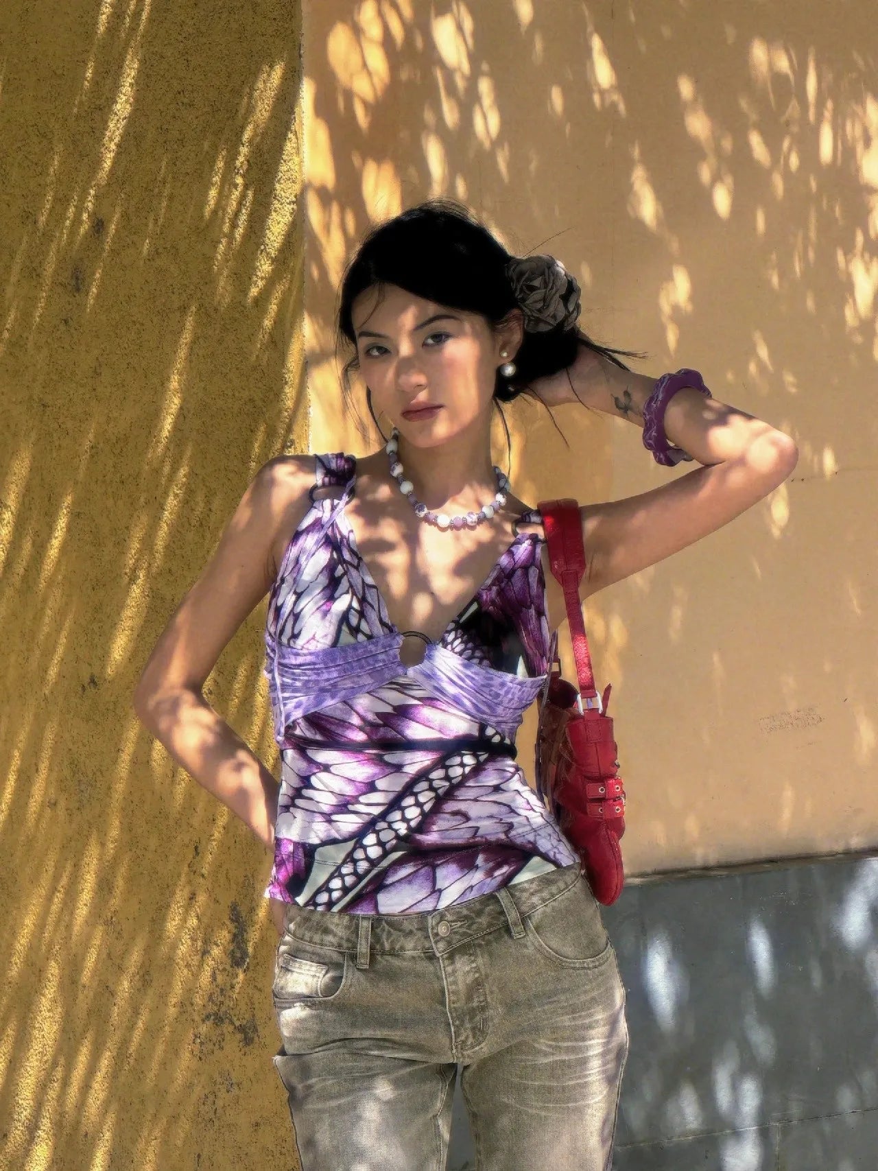 Bxoxo Japanese Y2k Purple Camisole Trashy 2000s V-neck Tank Top Grunge Aesthetics Backless Crop Top Vintage Harajuku Camis Top
