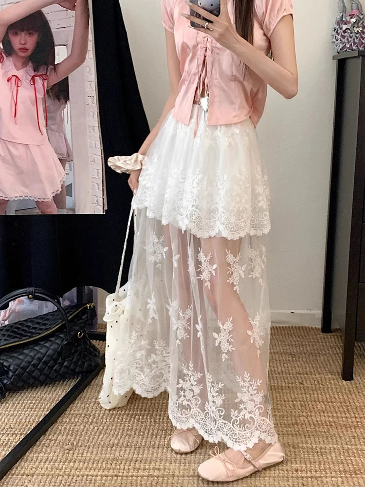 Bxoxo French Elegant Lace Midi Skirts Women Summer New Chic Patchwork Mesh Y2K Female High Waist Jacquard All Match A Line Skirts