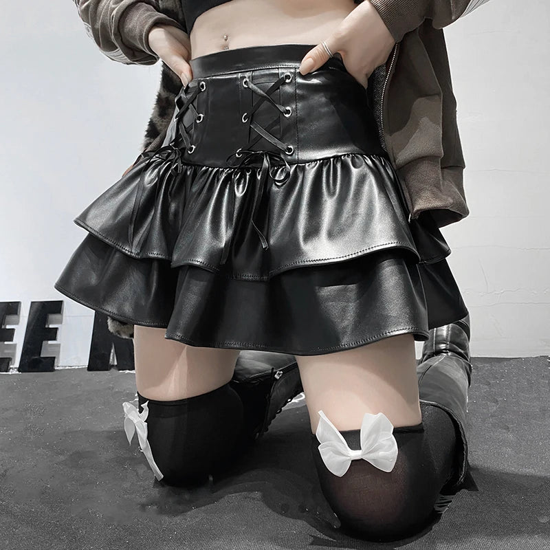 Bxoxo PU Leather Mini Skirts Punk Style High Waist Lace Up Bandage Black Pleated Skirt Streetwear Girls Dark Academia Clothes