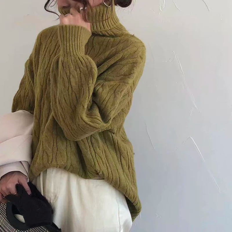 Bxoxo Turtleneck Knitted Sweater for Women Autumn Winter Thick Loose Soft Pullover Sweaters Korean Solid Office Lady Warm Jumper New