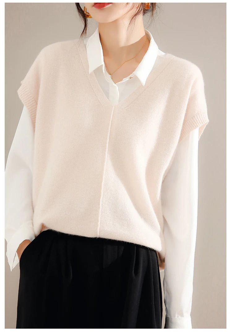 Bxoxo Cashmere Vest Ladies New 100%Pure Wool Knit Waistcoat Spring V-Neck Large Size Sweater Wild Sleeveless Vest Solid Loose Top