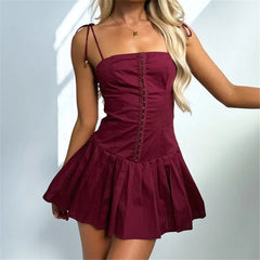 BXOXO Spaghetti Strap Slim Mini Dress Summer Fairy Corset Pleated Chic Short Dresses Lace Up Party Evening Holiday Vestido