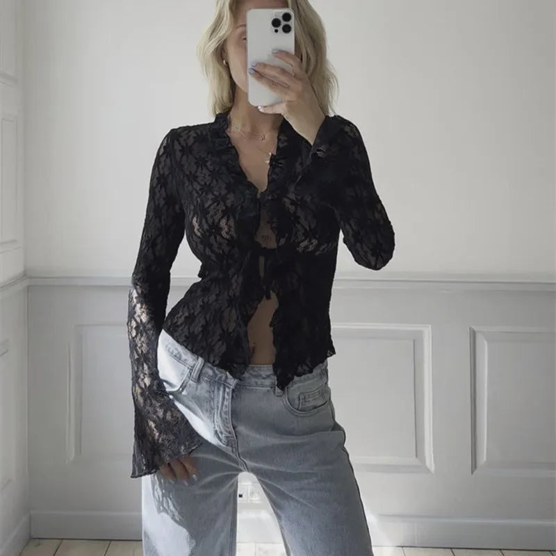 BXOXO Women's Summer Lace Floral Tops Sexy Y2k See Through Flare Long Sleeve Tie Front Sheer Slim Crop Cardigan Clubwear