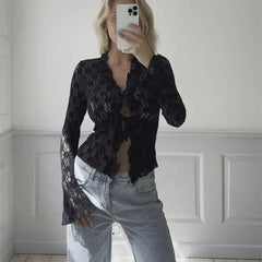BXOXO Women's Summer Lace Floral Tops Sexy Y2k See Through Flare Long Sleeve Tie Front Sheer Slim Crop Cardigan Clubwear