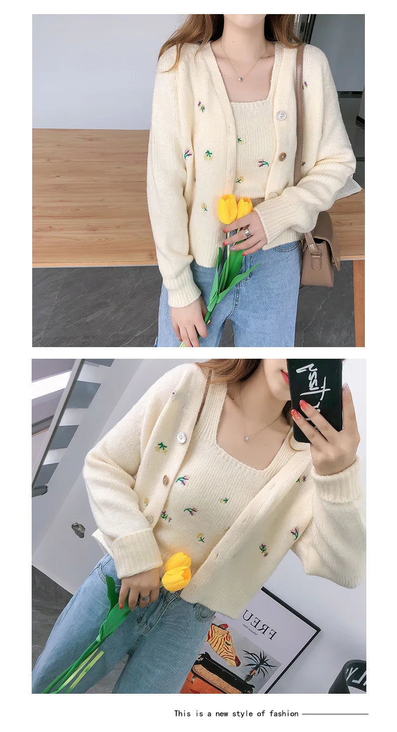 Bxoxo Two-piece Top Suit Flower Embroidered Knitted Korean Style Cardigan Autumn Fashion Sling Sweater Slim Sweet Jacket Sets