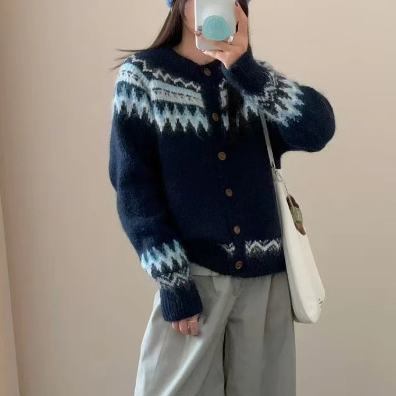 Bxoxo Fair Isle Sweater Cardigan Women Long Sleeve Button-Up Crewneck Knitted Jacket Cardi Female Knitwear Fall Winter Vintage Outfit