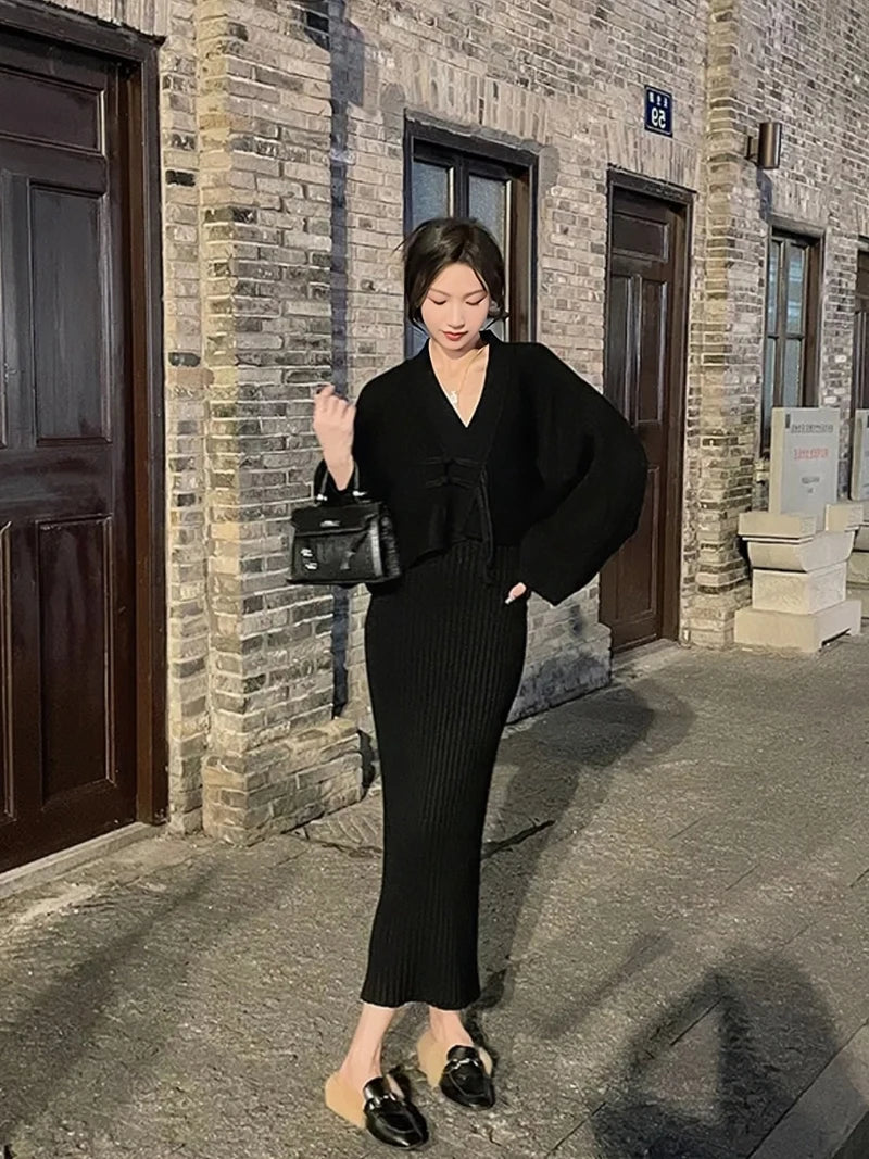 Bxoxo  Winter Elegant 2 Piece Sweater Dresses Set Women Loose Warm Knitted Bodycon Suit Female Casual Korean Fashion Chic Streetwear