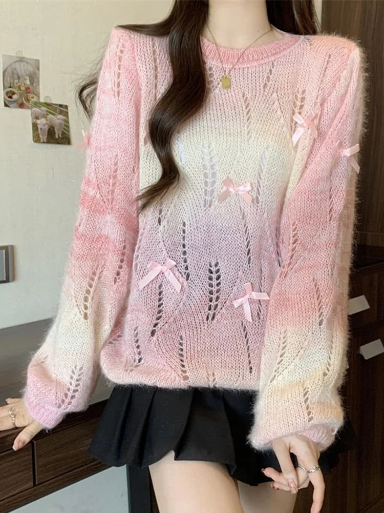 Bxoxo Sweet Bow Hollow Out Sweaters Women Korean Fashion Gradient Long Sleeve Knitted Pullover Preppy Style Loose Elegant Cute Jumpers