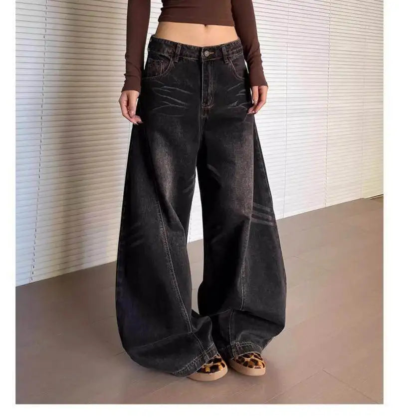Bxoxo Vintage Washed Black Women's Jeans Wide Leg American Style High Waist Baggy Denim Pants Casual Straight Trousers New