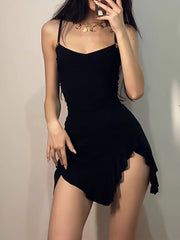 BXOXO Summer Sexy Mini Dress Women Sleeveless Strap Streetwear Backless Folds Bodycon Split Black Dress Party Elegant A-LINE Dresses