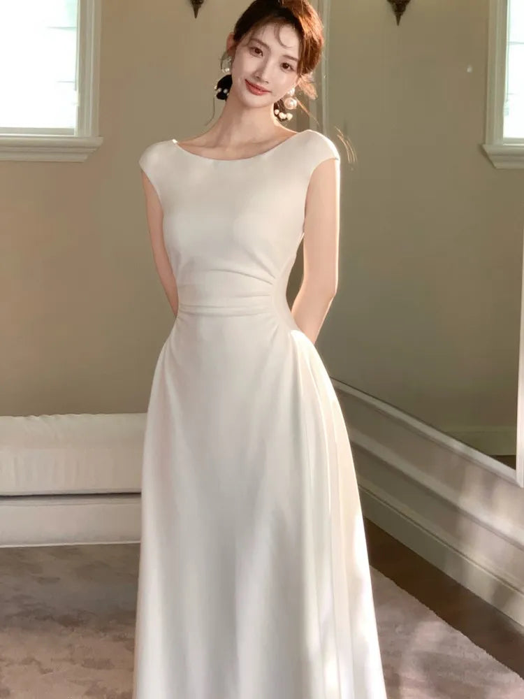 Bxoxo Women's French Vintage Slim Dresses Summer Elegant Slash-Neck A-Line Folds Design Shoulder Wrap New Dresses Party Evening 2025