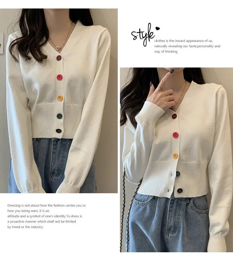 Bxoxo Autumn and Winter Little Fresh Colorful Buttons Younger Slim-Fit Slimming V-Collar Cardigan Long-Sleeved Sweater Top for Women
