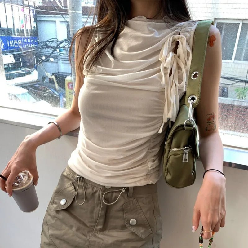 BXOXO Y2k Grunge Tops Women Hollow Out Sleeveless Mesh Tops Streetwear Vintage Retro Tank Tops Lace Up 2000s Japanese Vest