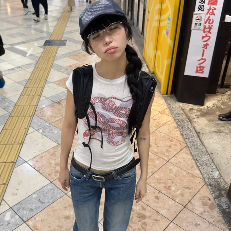 BXOXO 2000s Aesthetic T Shirt Women Short Sleeve Slim Print Graphic Tops Y2k Vintage Grunge Tops Streetwear American Retro