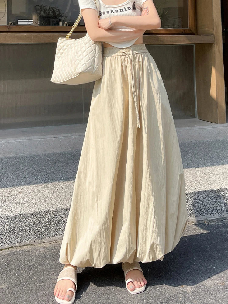 Bxoxo High Waist Fluffy Flower Bud Skirt Summer New Loose Versatile A-line Lantern Skirt Solid Color Elastic High Waist Long Skirt