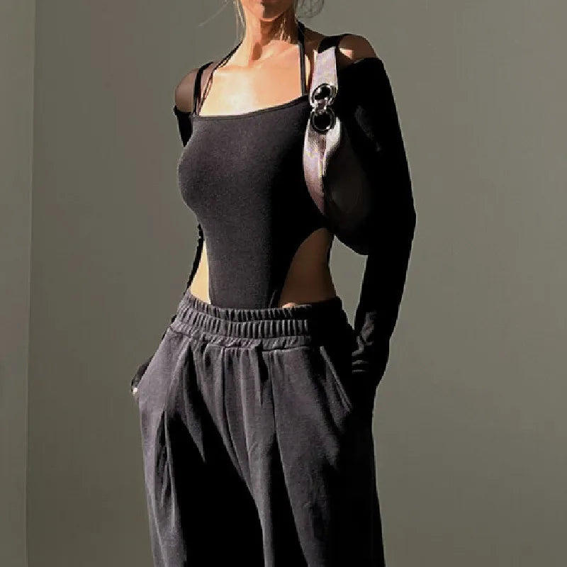 Bxoxo Sexy Off Shoulder Halter Bodysuit Aesthetic Spaghetti Straps Long Sleeve T Shirt Women Slim Fit Party Clubwear Bodysuits
