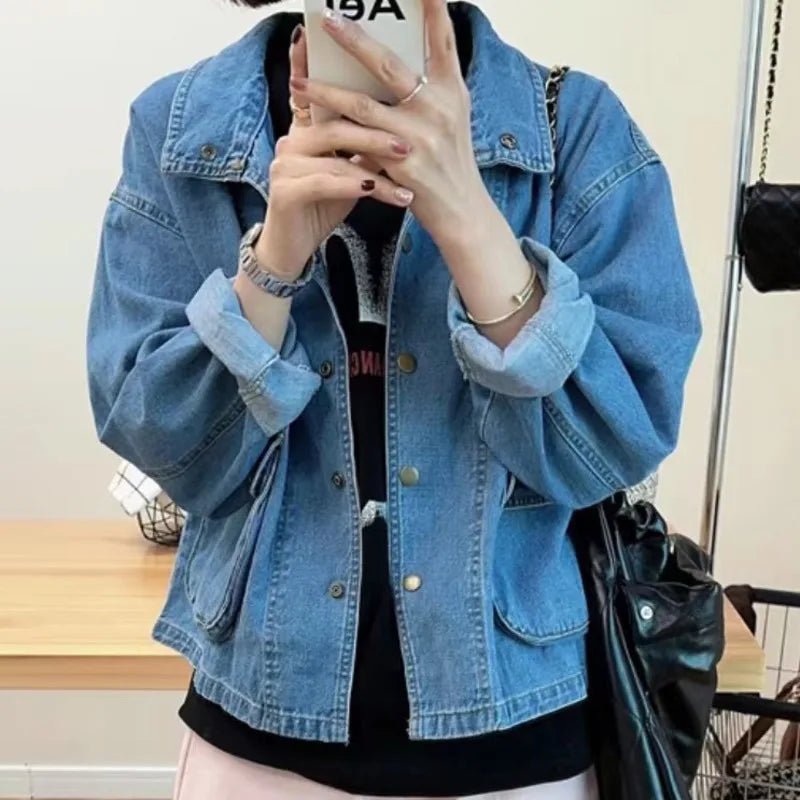 BXOXO Korean Loose Long Sleeve Single Breasted Women Denim Jacket 3D Pockets Design Female Jeans Coats Autumn New