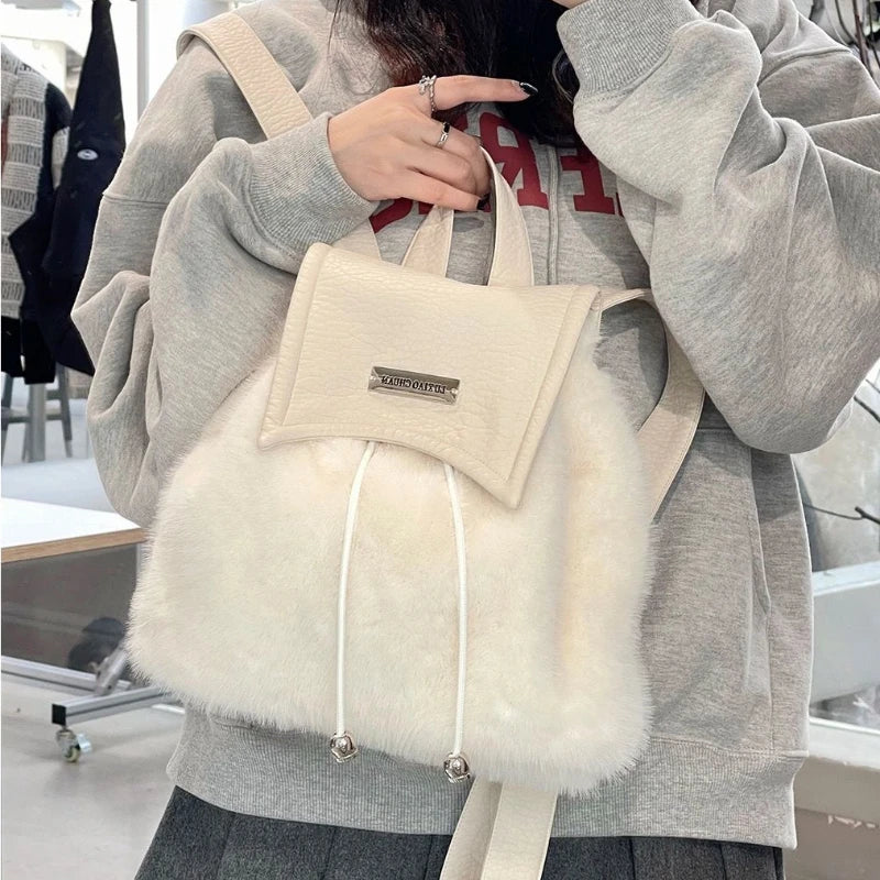 BXOXO Sweet Cute Soft Plush Shoulder Bag White Harajuku Style Drawstring Backpack New Large Capacity Elegant Literary Handbag