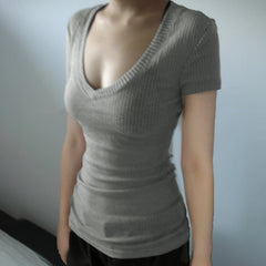 BXOXO Solid Slim-fitting Knitted Crop Top Micro-transparent T-shirt Smock Women Sexy Short Sleeve V-neck Tees Shirt Y2k Vintage
