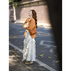 BXOXO Long Skirts Women Polka Fot Irregular Ruffles High Waist French Style Chic Sweet Elegant Skirt Female Fashion Casual