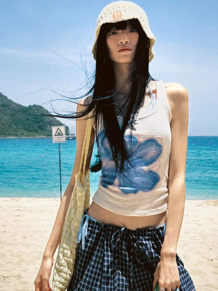 BXOXO Japanese Y2k Tank Tops Women Print Floral Sleeveless T Shirts 2000s Aesthetic Streetwear Camis Korean Style Summer Tops