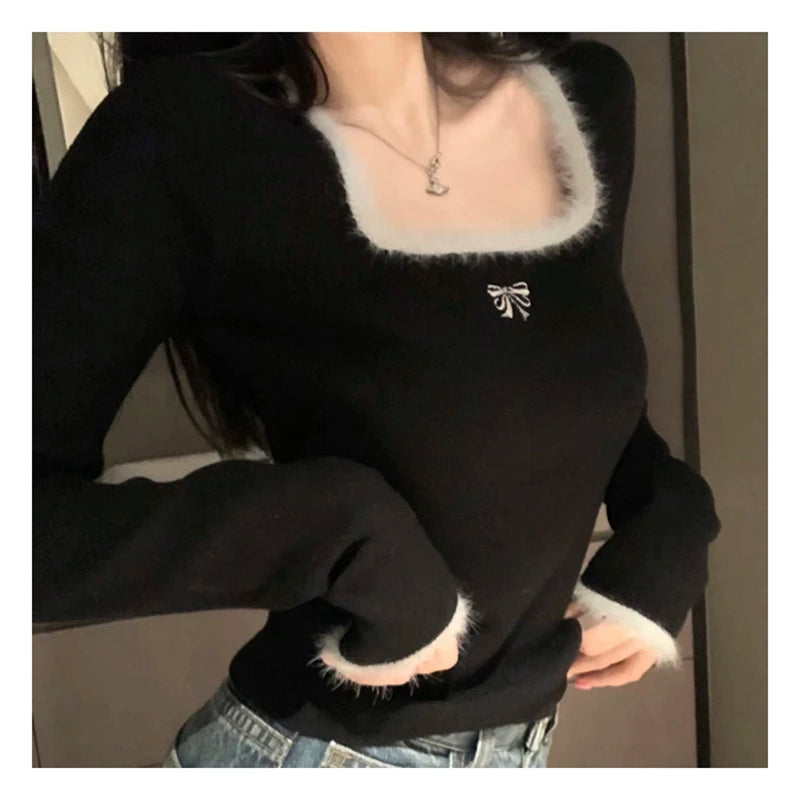 Bxoxo Women Butterfly Embroidered T-shirts Square Neck  Long Sleeve Patchwork Y2K T-Shirts Casual Tees Women Autumn Winter