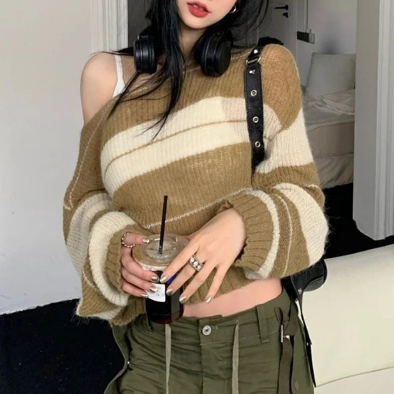 Bxoxo Women's Trendy Contrast Color Striped Chic Sexy Crop Tops Y2K Streetwear Female O Neck Long Sleeve Slim Pullover Knitted Sweater