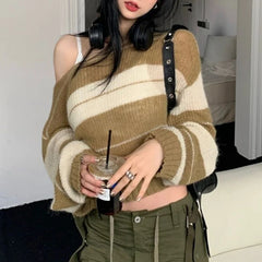 Bxoxo Women's Trendy Contrast Color Striped Chic Sexy Crop Tops Y2K Streetwear Female O Neck Long Sleeve Slim Pullover Knitted Sweater