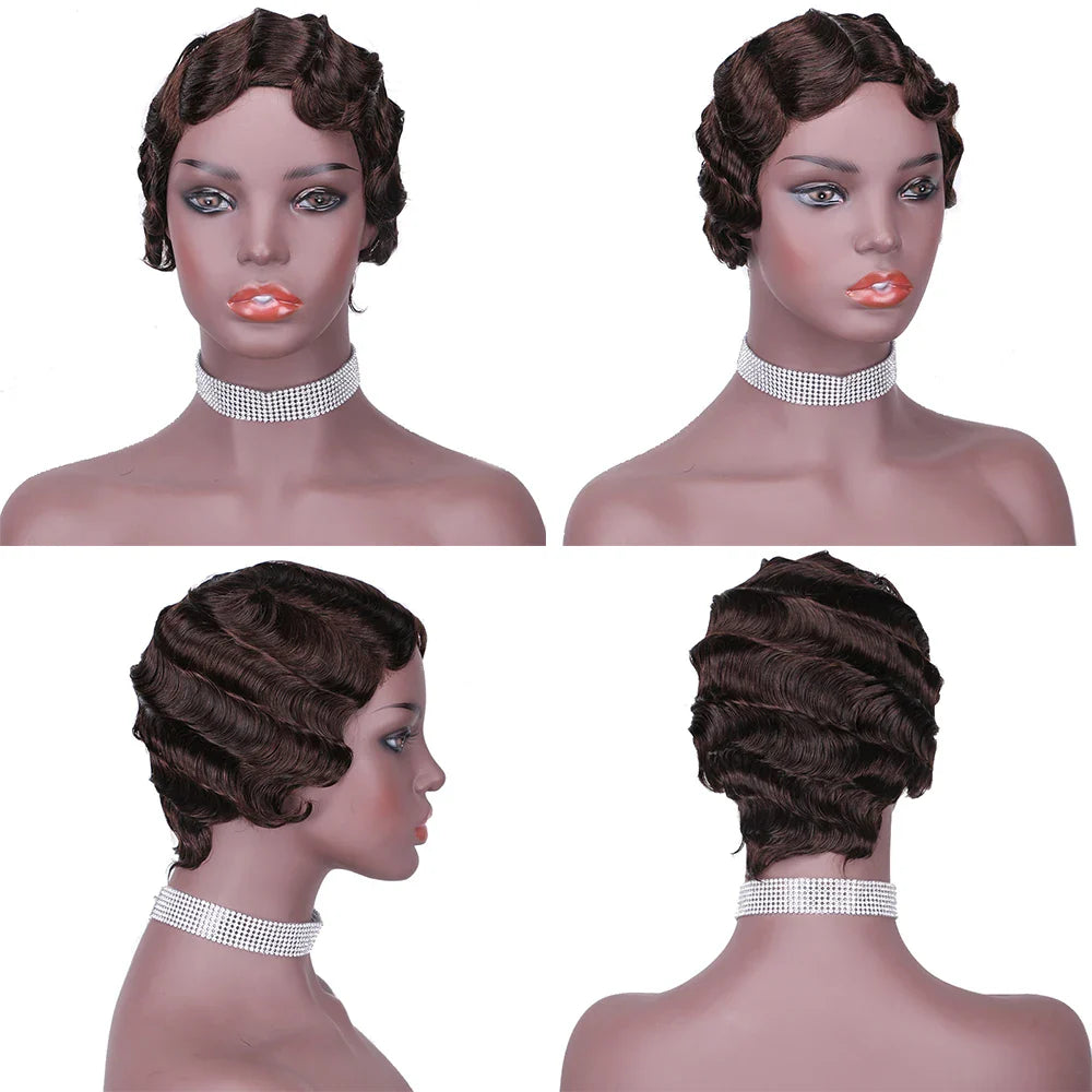 BXOXO Short Human Hair Wigs Pixie Cut Finger Wave Wigs Capless Wear and Go Full Machine Made Wig for Black Women Glueless Cheap Wigs