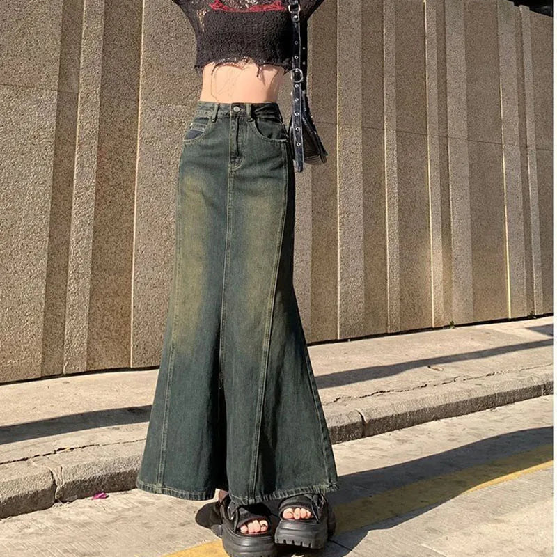 BXOXO Mermaid Denim Skirts Autumn Winter Woman Sexy Bandage Floor-Length Skirt Women Vintage Fashion High Waist Skirts Ladies