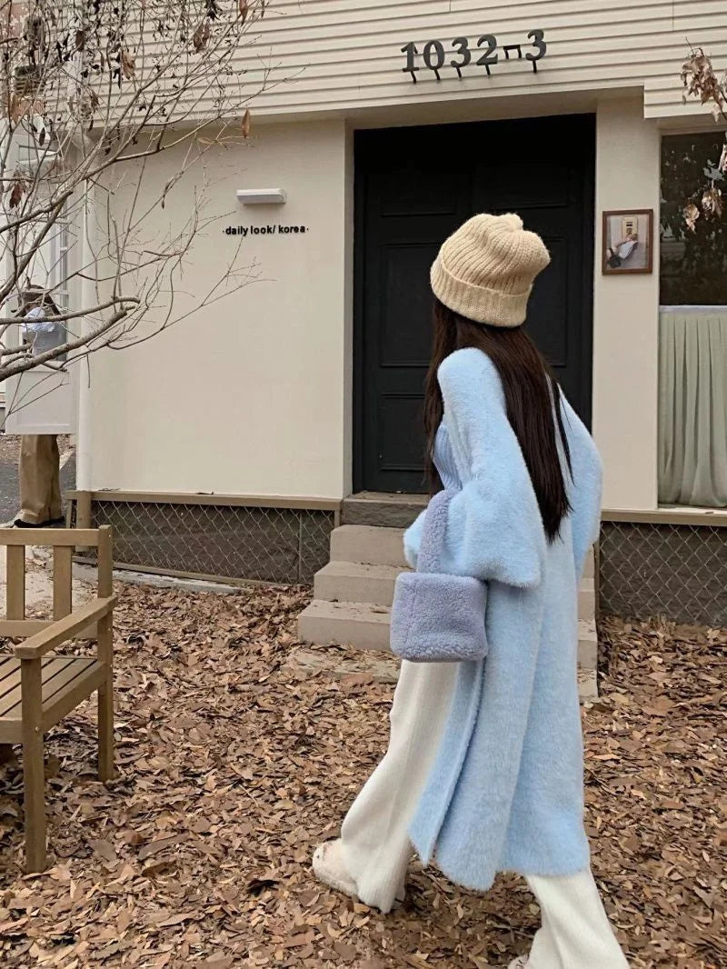 Bxoxo New Imitation Mink Coat Slimming Autumn And Winter Loose Fitting Long Sweater Thickened Lazy Knitted Cardigan Jacket White