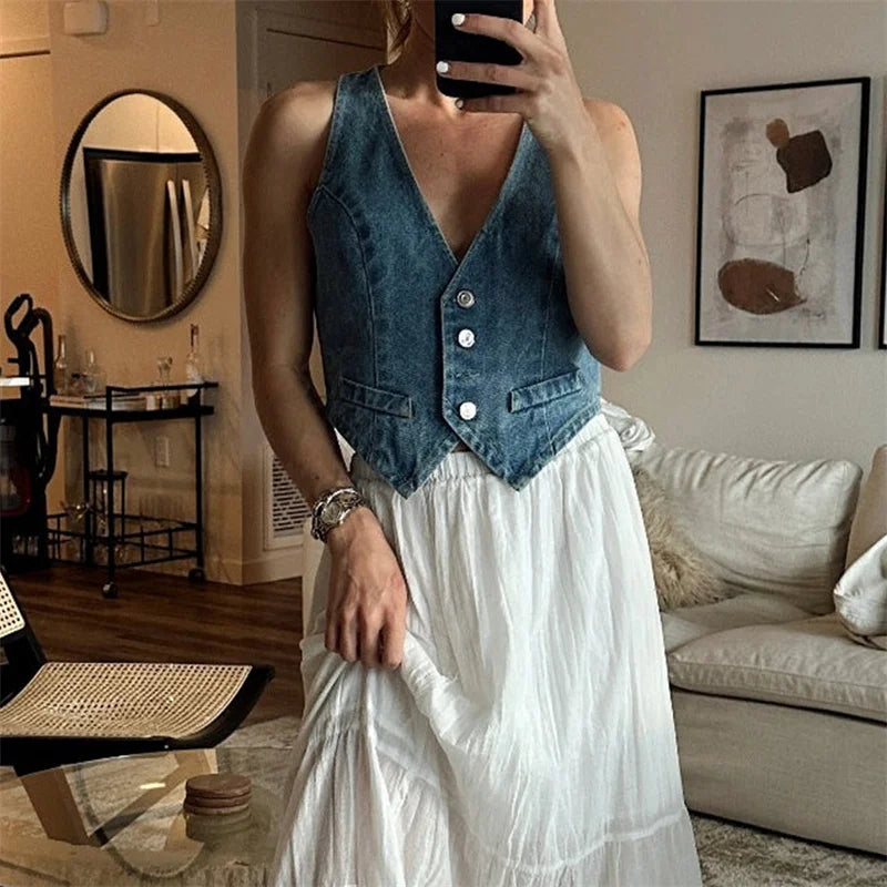 Bxoxo Denim Vest y2k Clothes Women Summer V Neck Button Front Sleeveless Tank Tops Jean Waistcoat 2000s Clothes Streetwear