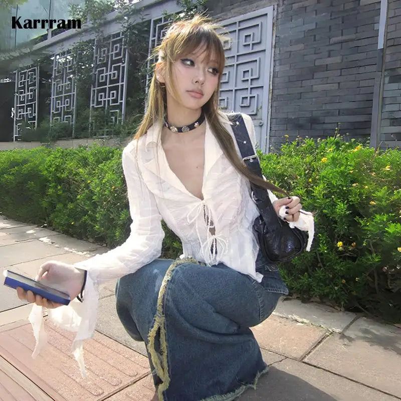 Bxoxo Y2k Aesthetics Pleated Shirt Fairycore Lace Up Blouse Trashy 2000s Style V-neck Shirt Irregular Japanese Harajuku 90s