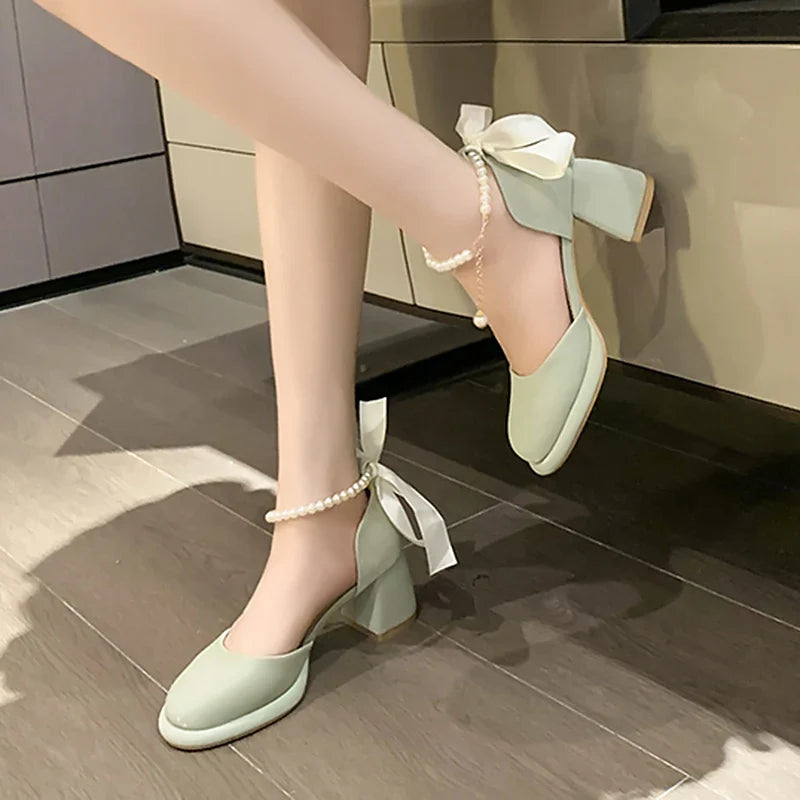 BXOXO Pearl Ankle Buckle Thick Heel Pumps Women Back Bowtie Lace Up Mary Jane Shoes Woman Autumn Platform High Heels Dress Shoes
