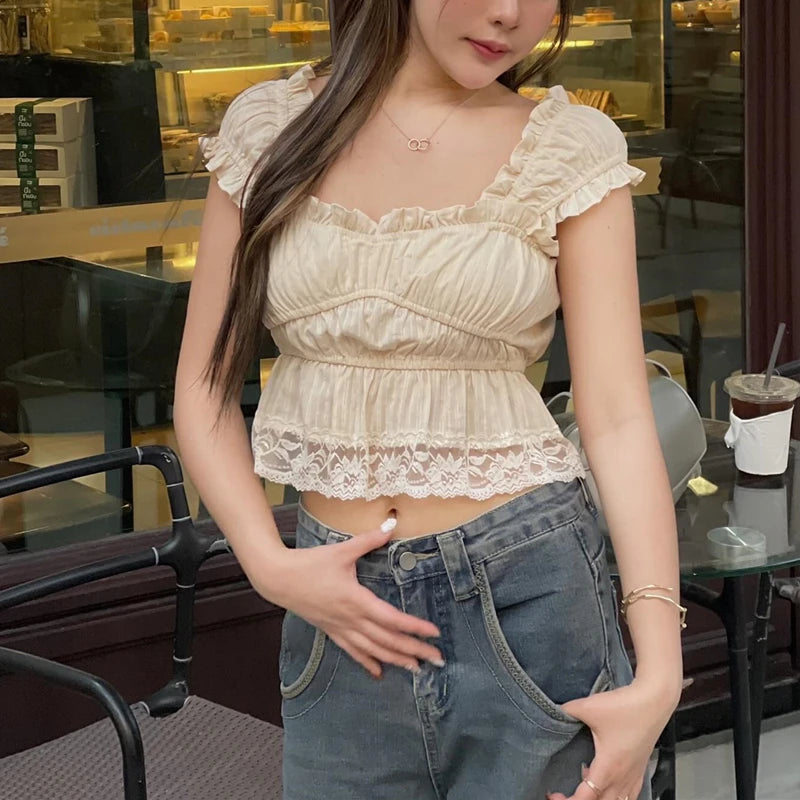 Bxoxo Sexy Square Collar Lace Edge Ruched Causal Solid Crop Tops Y2K Summer Fashion New Sweet Cute Daily 2025 Streetwear Vest